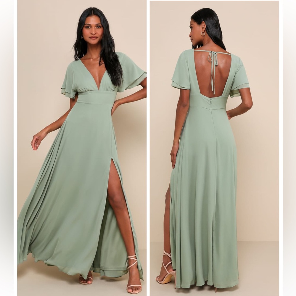 Lulus Promise Of Love Sage Brush Flutter Sleeve Maxi Dress Size 2X Bridesmaid
